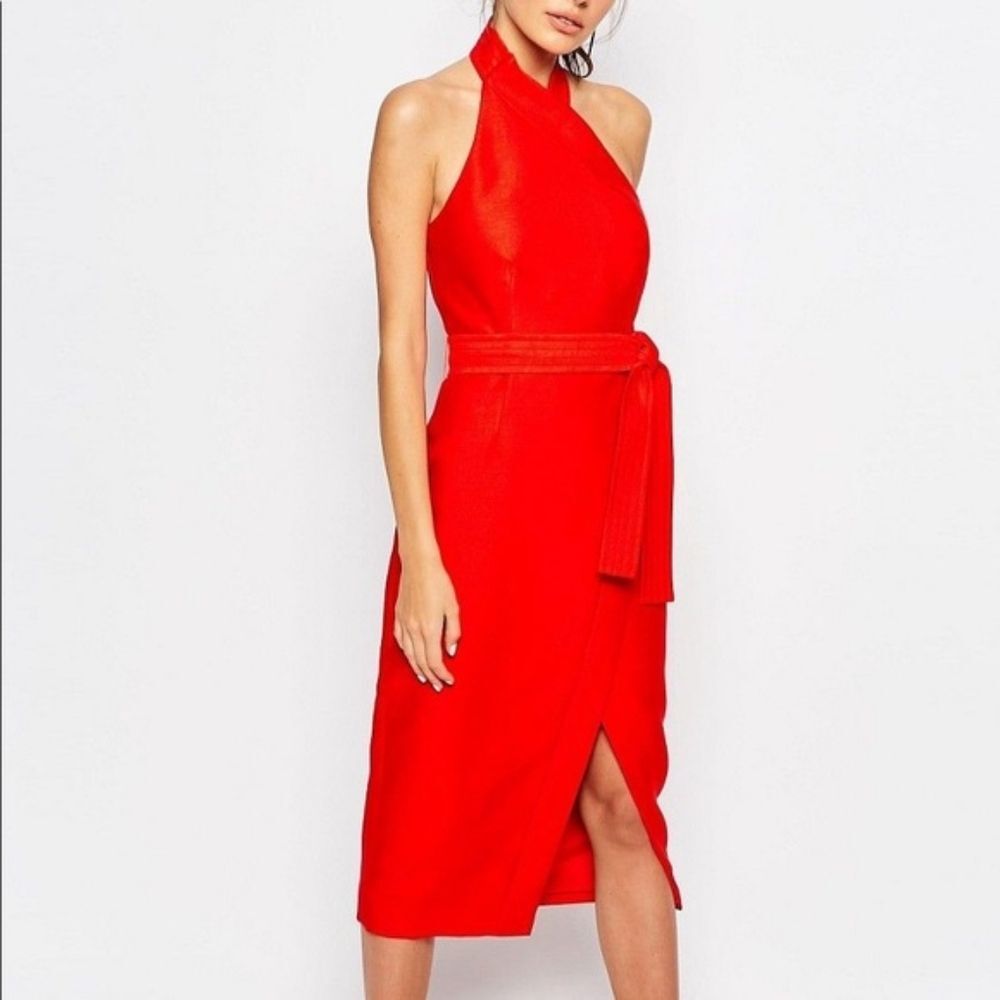 C/MEO Collective Red Two Sides Asymmetrical Sleeveless Halter Midi Dress Small